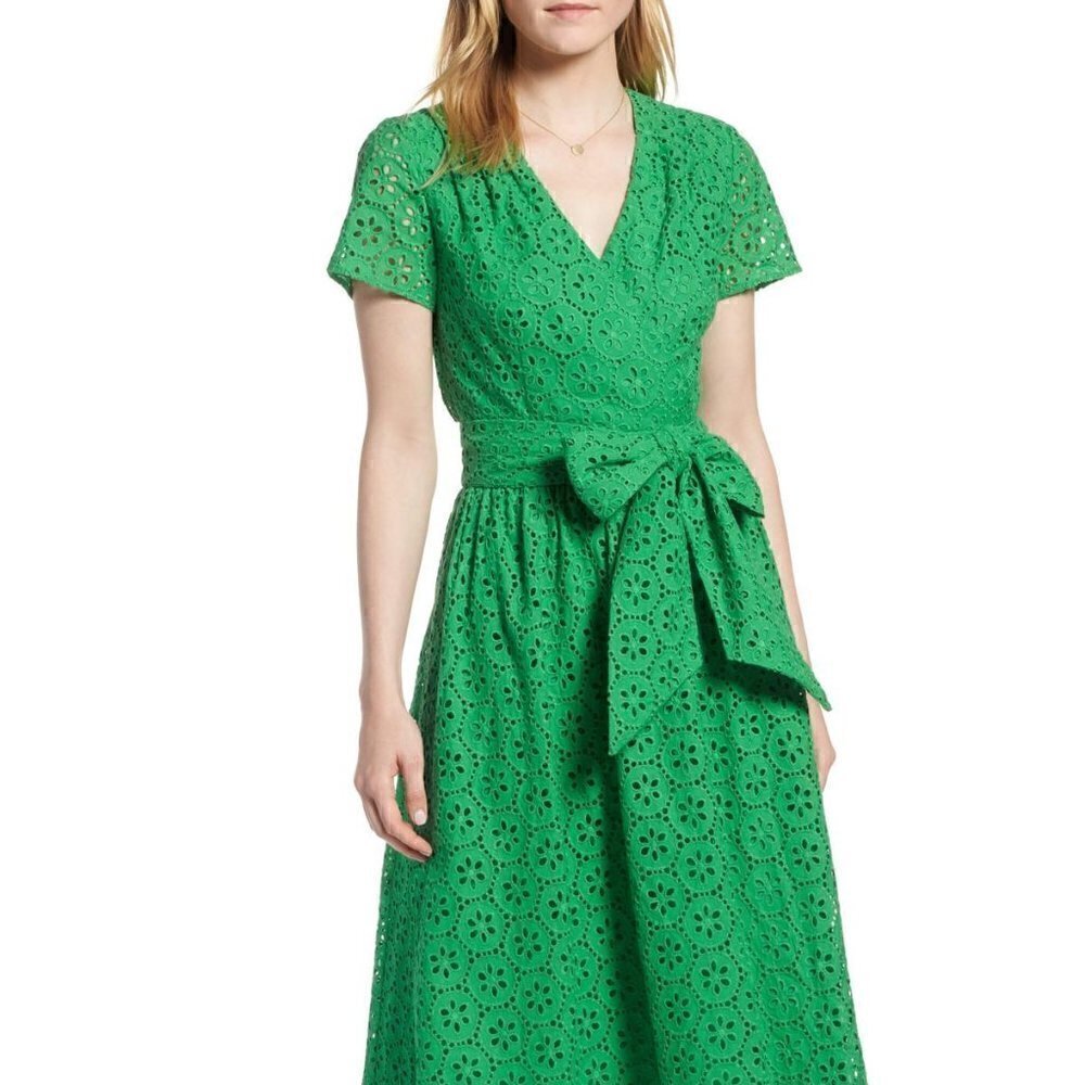 1901 Nordstrom Kelly Green Cotton Eyelet Short Sleeve Midi Dress Size 2 Petite